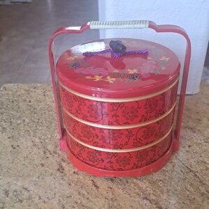 Vintage Tiffen Red Floral Tiffin Container Kuos Bakery Asian Design